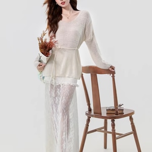 【2点セット】ラウンドネックルーズニットトップス+シアーレースロングスカート ・74916 【2点セット】ラウンドネックルーズニットトップス+シアーレースロングスカート ・74916