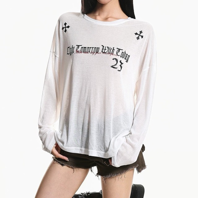 シアーライククロスグラフィックロングスリーブTシャツ 3col   R02549