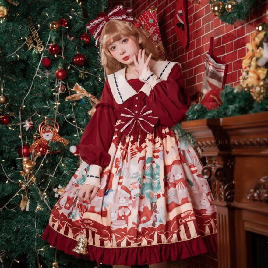 甘ロリ ワンピース クリスマス くまちゃん柄 ろりぃた｜天使と悪魔