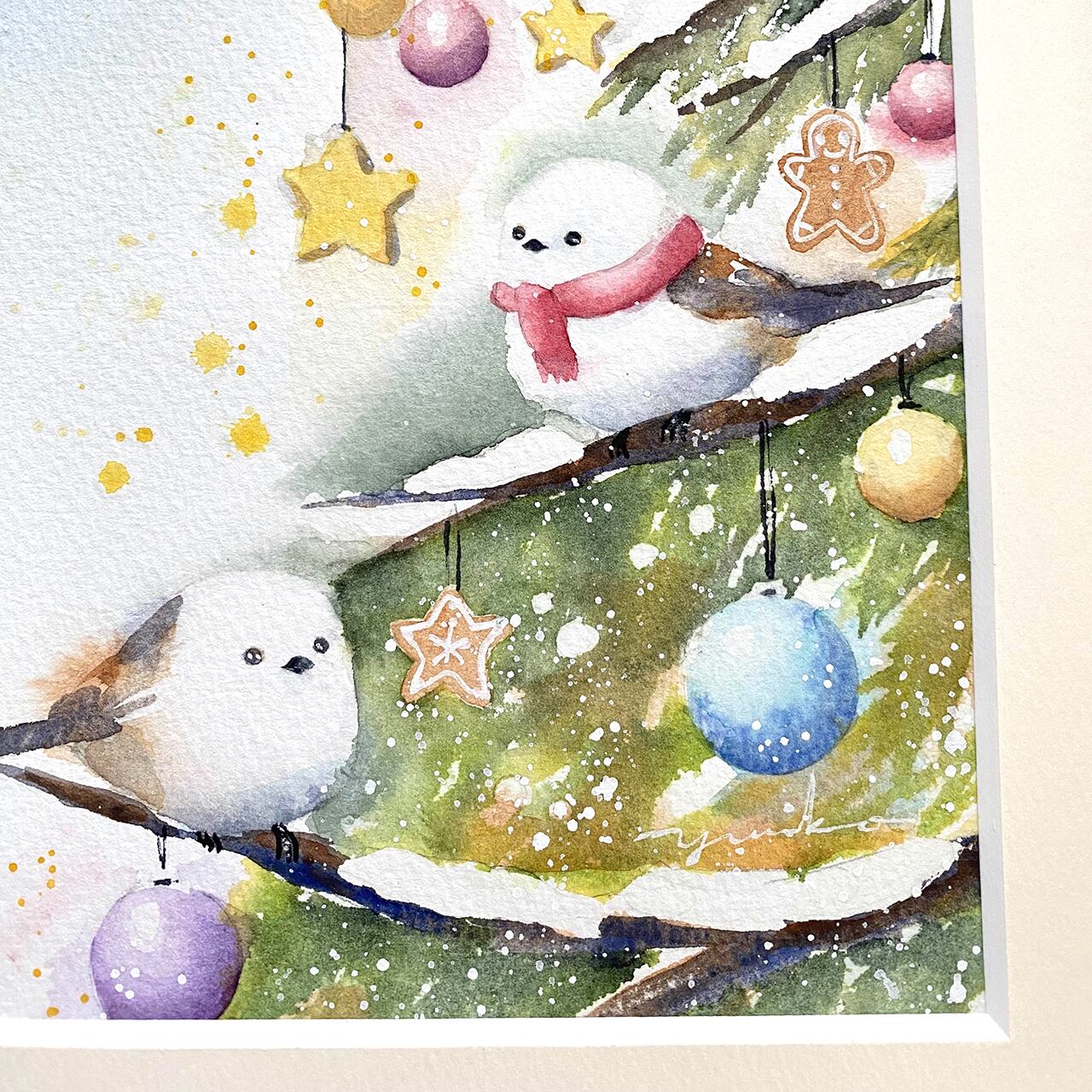 原画 『 まぁるい幸せ 』 水彩画 シマエナガの絵 | 幸せの水彩画