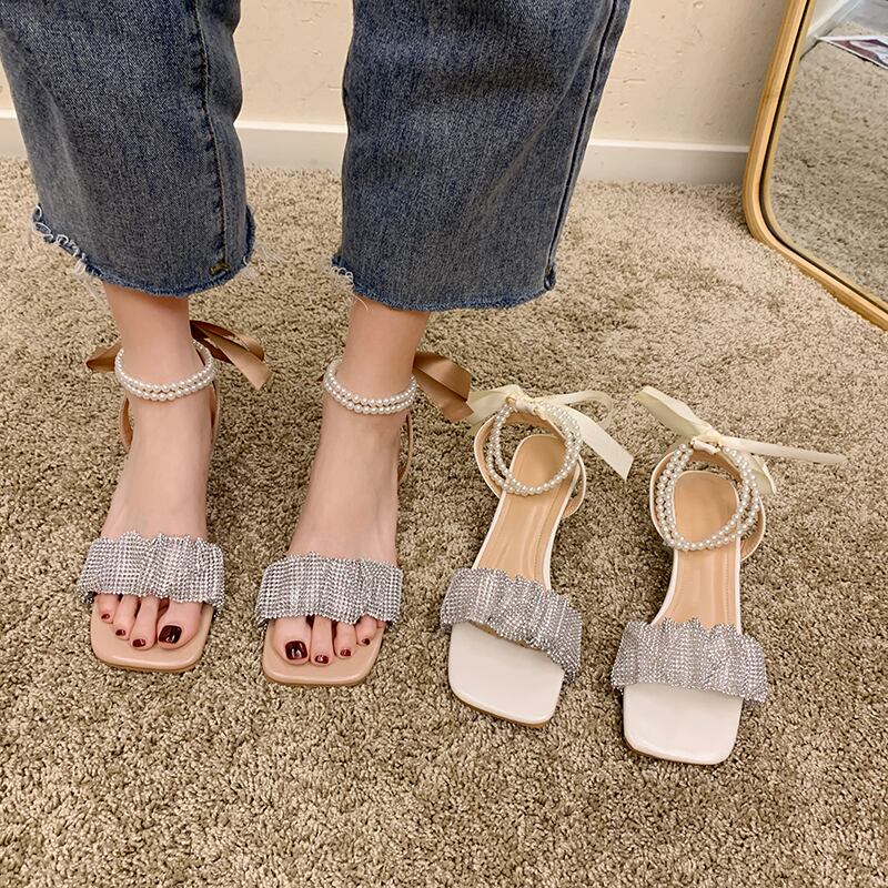 サンダルサマーラインストーンパールクリスタルスタイル 靴 シューズ 夏物 真珠 スクウェア 部族の婦人靴6203501198