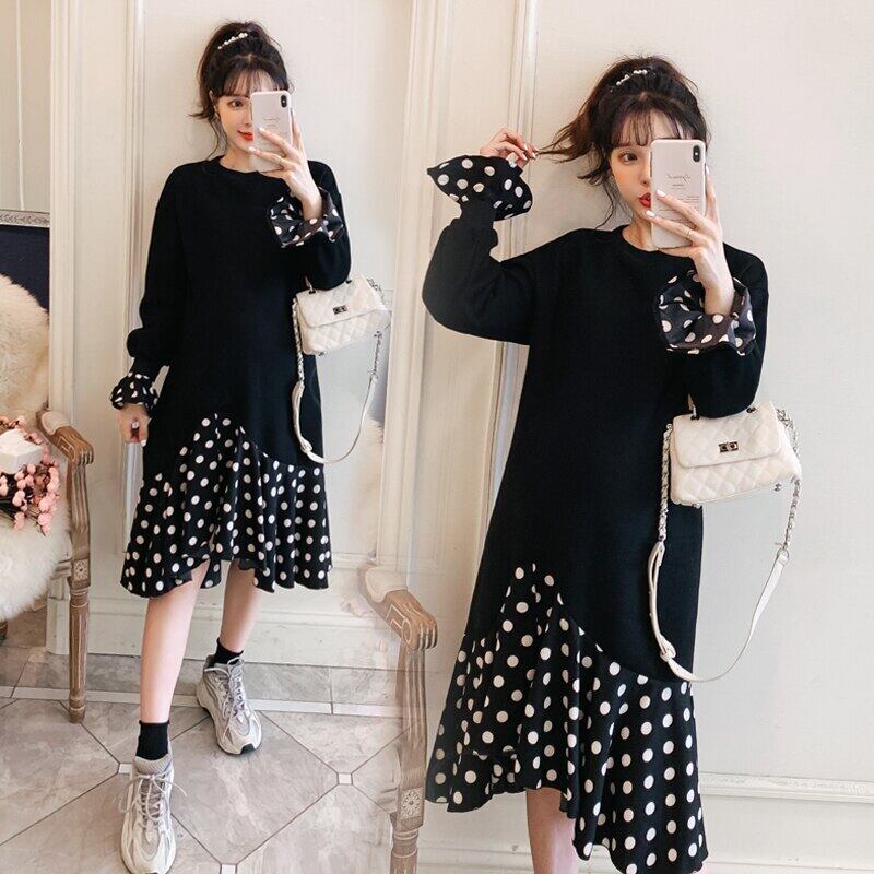 【新作】【送料無料】 9507＃秋冬厚手パッチワークマタニティドレススウィートドットプリントフリル服妊婦妊娠 大人ガーリー キュート カジュアル オータム 秋物 ウィンター 冬物 AL expec493444412577