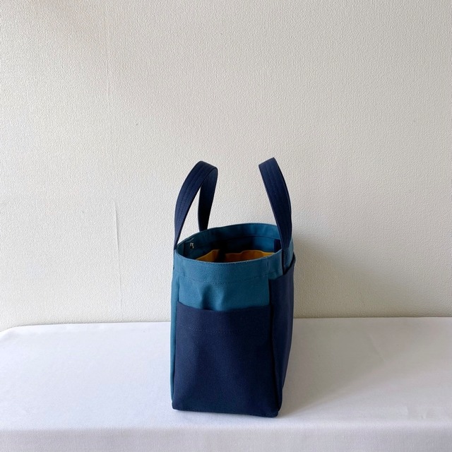 「混合トート」横長サイズ「ミネラルブルー×ネイビー×マスタード」／倉敷帆布 8号帆布【受注制作】