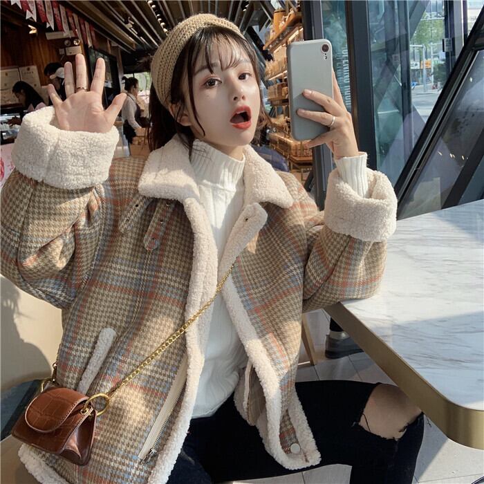 ウィンタースタイル韓国ファッション格子柄ウールショートコート