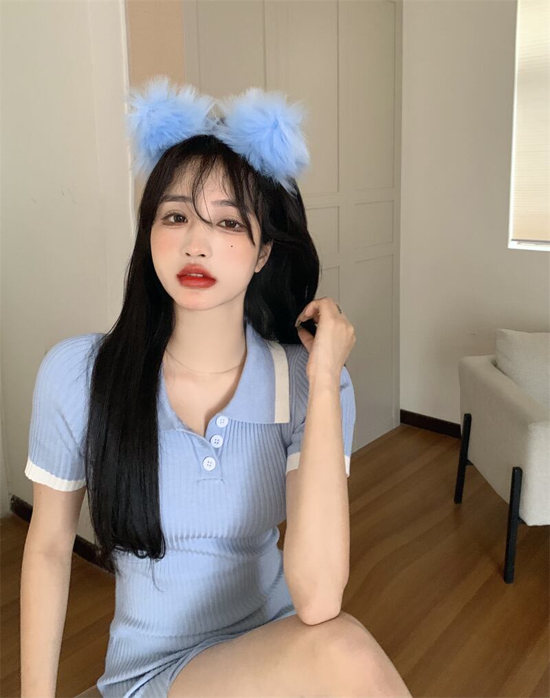 ニットドレス スリムウェストスカート サマーブルー 夏物 ブラックストロベリース94463145561