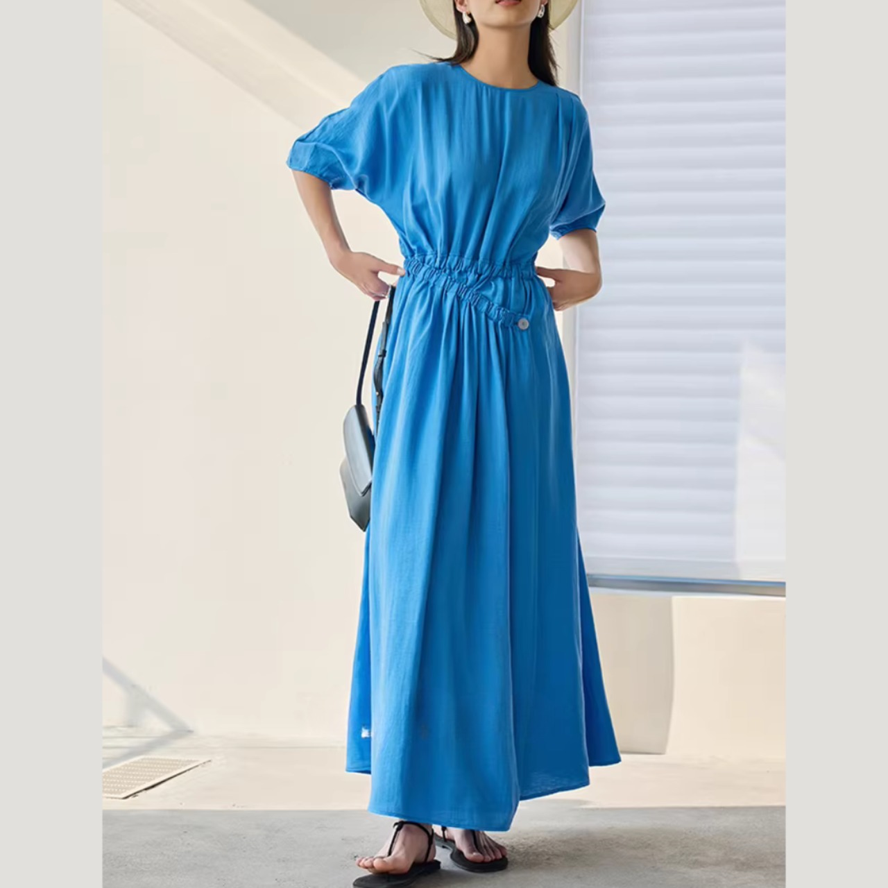 半袖 ギャザーウエストラップ風 マキシ丈 ワンピース 00167・画像5