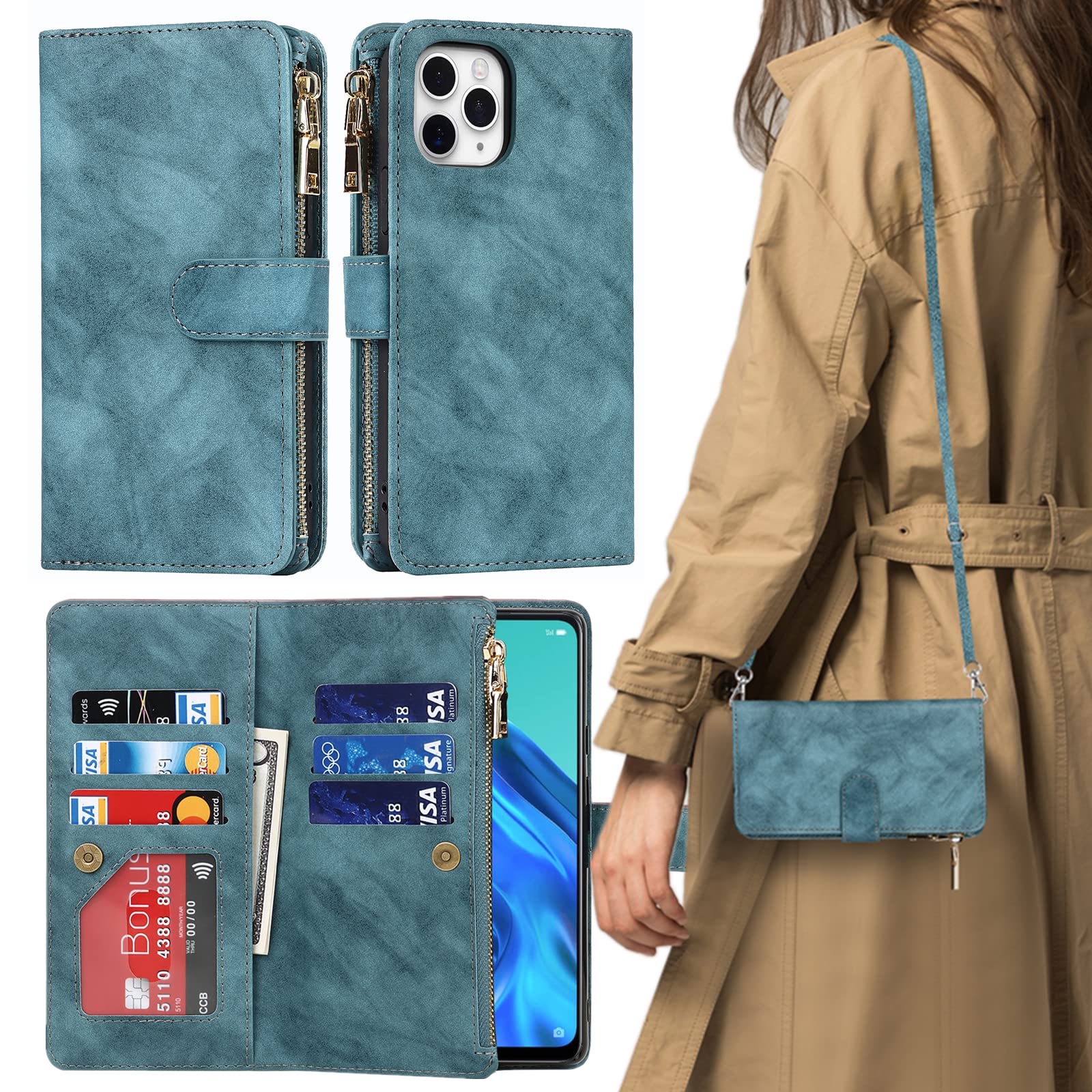 iCoverCase スマホケース 適用 アイフォン11プロマックス ショルダー ケース 手帳型 11promax 用 カード バッグ マグネット 肩がけ 首掛け 斜め掛け カード入れ ストラップ付き レトロ ブルー ターコイズ