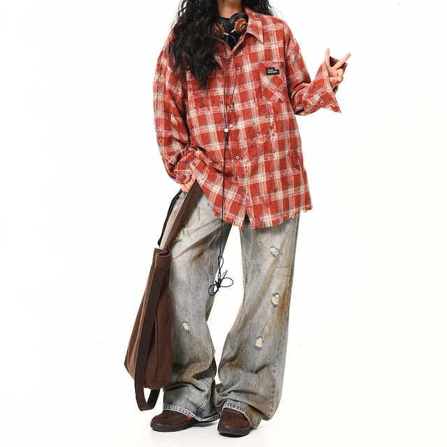 ヴィンテージチェックダメージシャツ 2col R00737