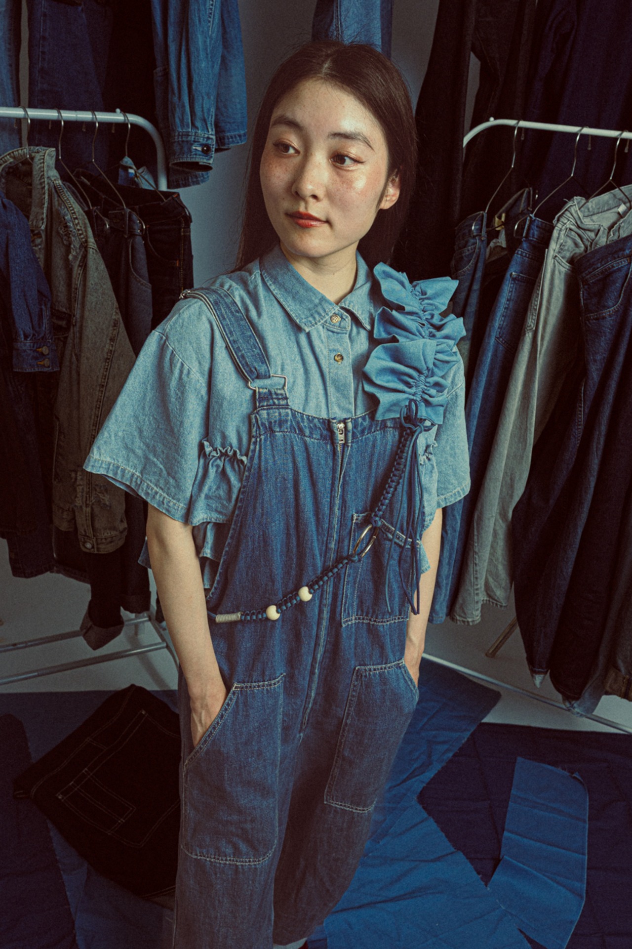 bi-tone frill denim strap Light Blue