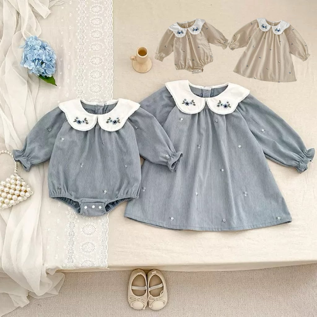 ベビーキッズ女の子花刺繡襟付きコーデュロイ長袖ロンパースワンピース