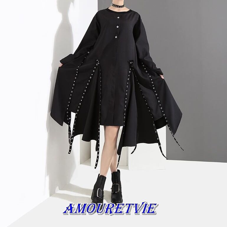ワンピース スタイリッシュ ロング ロックスタイル モダン シック 黒 ブラック 個性 モード系 モード ヴィジュアル系 242 Amouretvie 韓国系 モード系 個性的ファッションの通販サイト