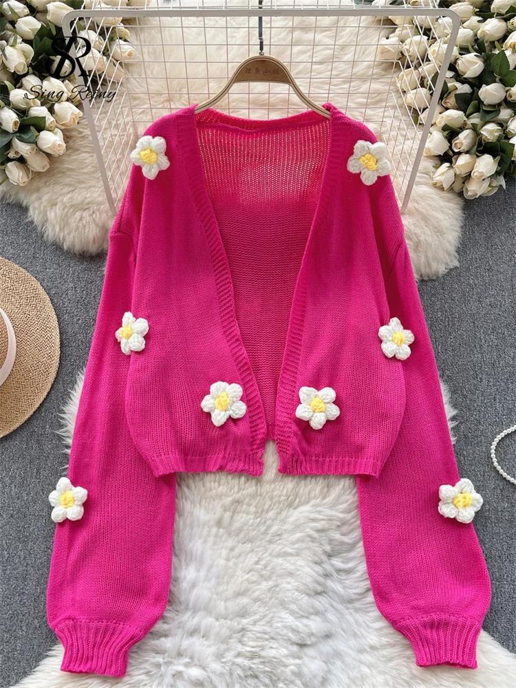 Sing補強-女性の3Dフラワー長袖カーディガン、韓国スタイル、基本的なニットセーター、シックなコート、甘いストリートウェア、春のファッション、2022_177