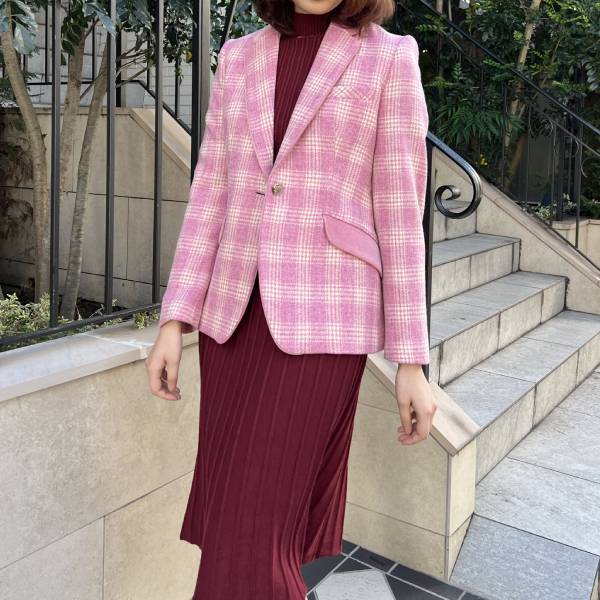 ピンク マドラスチェック×ベルベット テーラードジャケット アイボリー
