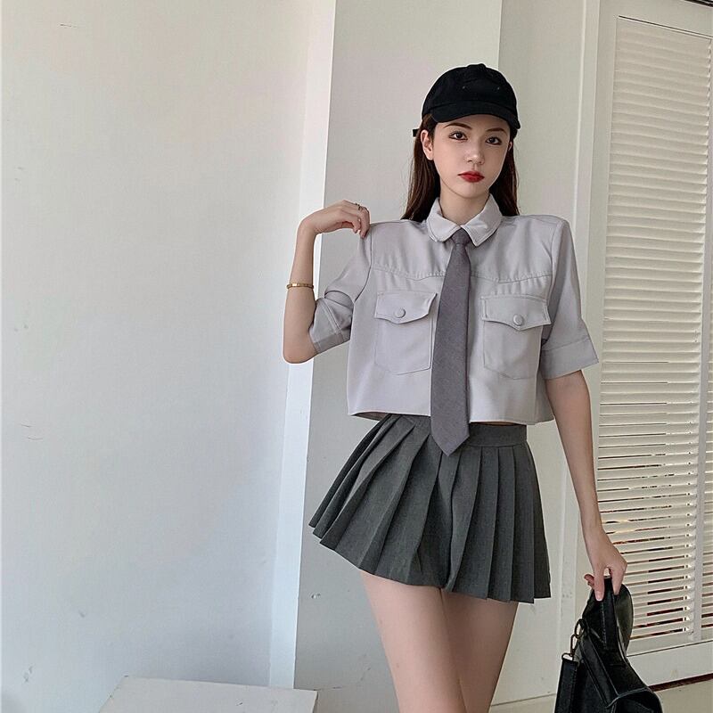 カラーハイウェストウェストショートシャツ サマー薄手トップス 夏物 ブラックストロベリース45114255359