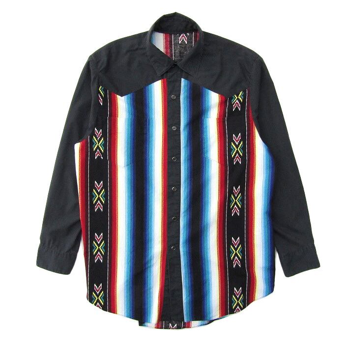 古着　ヴィンテージ　シャツ　柄シャツ　デザインシャツ　ストライプシャツ　個性派 古着 ウエスタンシャツ ストライプ ネイティブ柄 長袖 ブラックベース