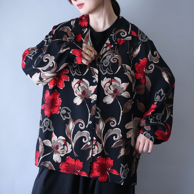 beautiful flower art pattern loose box silhouette open collar shirt