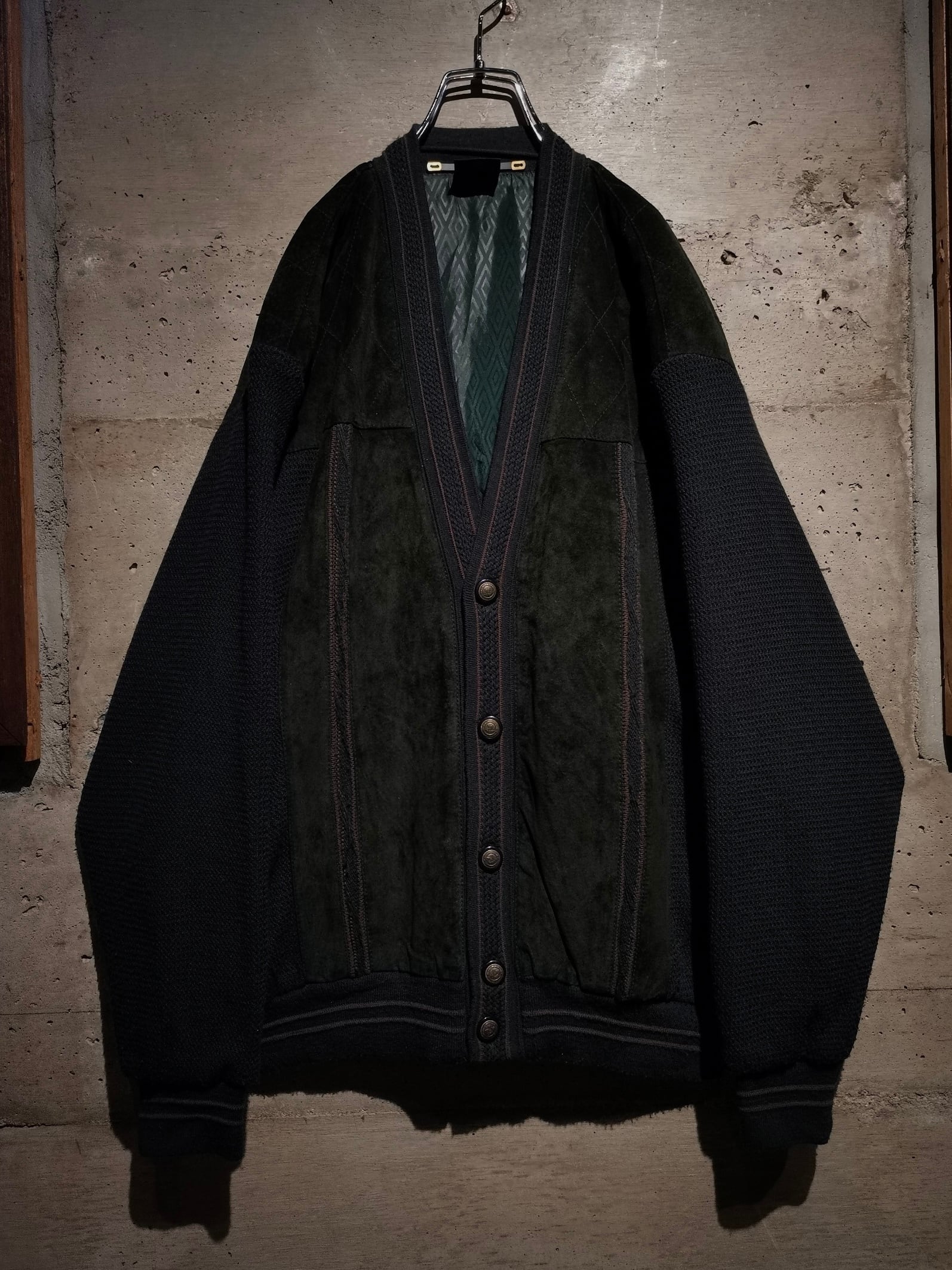 【Caka】Suede Leather Switching Design Euro Vintage Loose Knit Cardigan |  Caka(カカ）下北沢古着屋、セレクトショップ powered by BASE