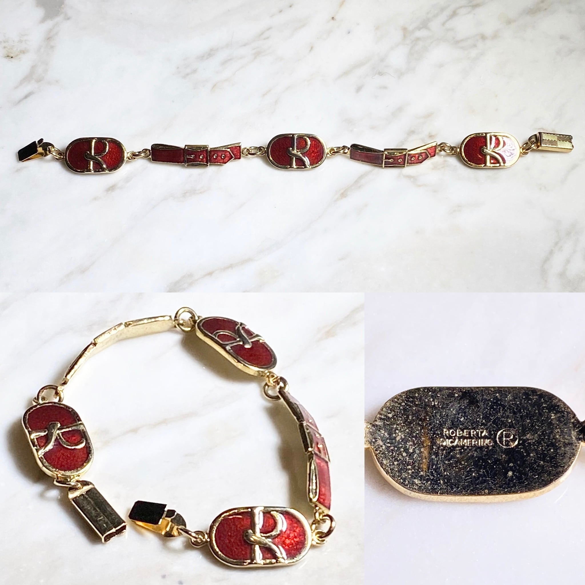 vintage ROBERTA DI CAMERINO metal×red enamel logo bracelet | NOIR 