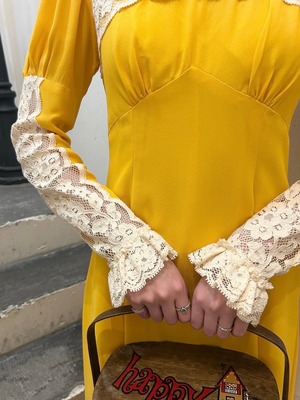 70's mustard yellow color lace dress