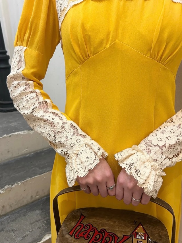 70's mustard yellow color lace dress