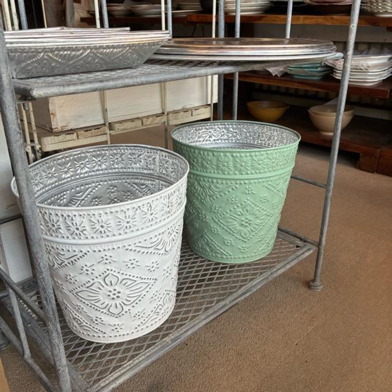 Indonesia Aluminum Slab Basket, 2 Colors, White and Green. Can be used as a trash can, planter cover, or toy storage.
