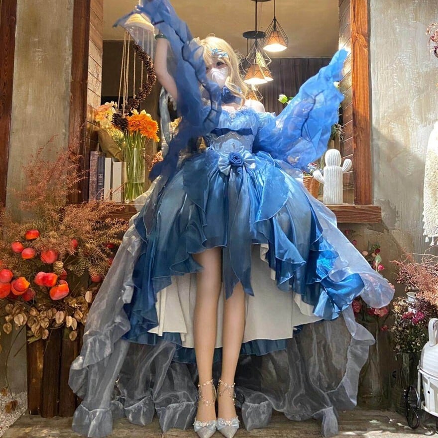ライトブルー ゴスロリ ドレス スイートロリィタ オフショルダーロングテールドレス 2カラー