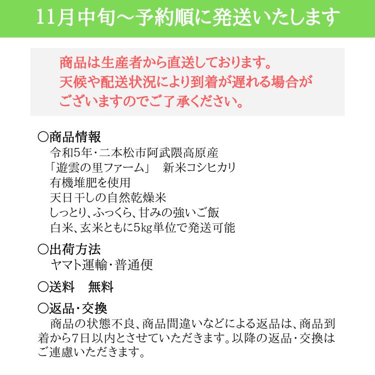 令和５年 新米 コシヒカリ 自然栽培米 玄米  阿武隈高原 遊雲の里