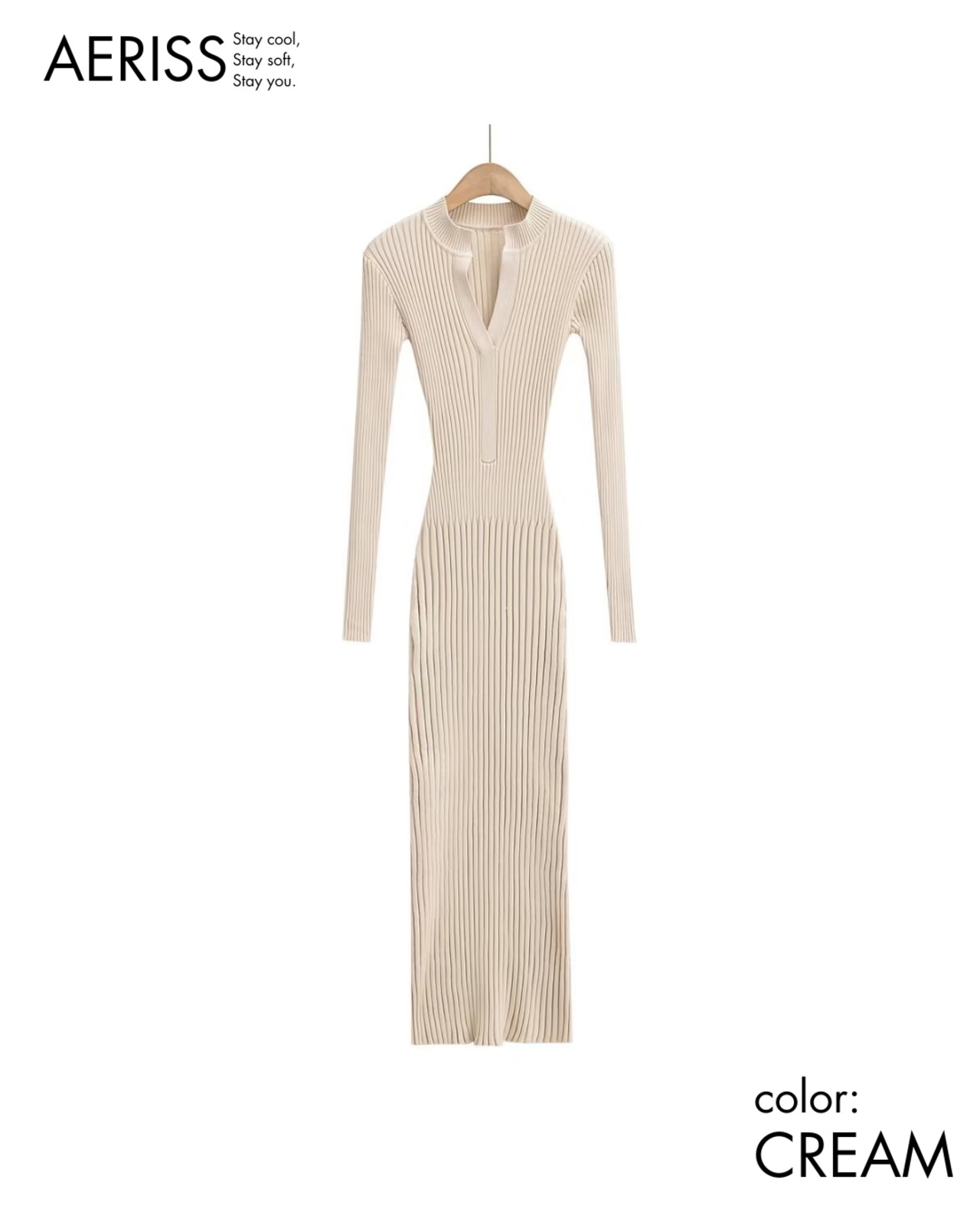 Vデザインリブニットロングワンピース 5color A0702 - 3