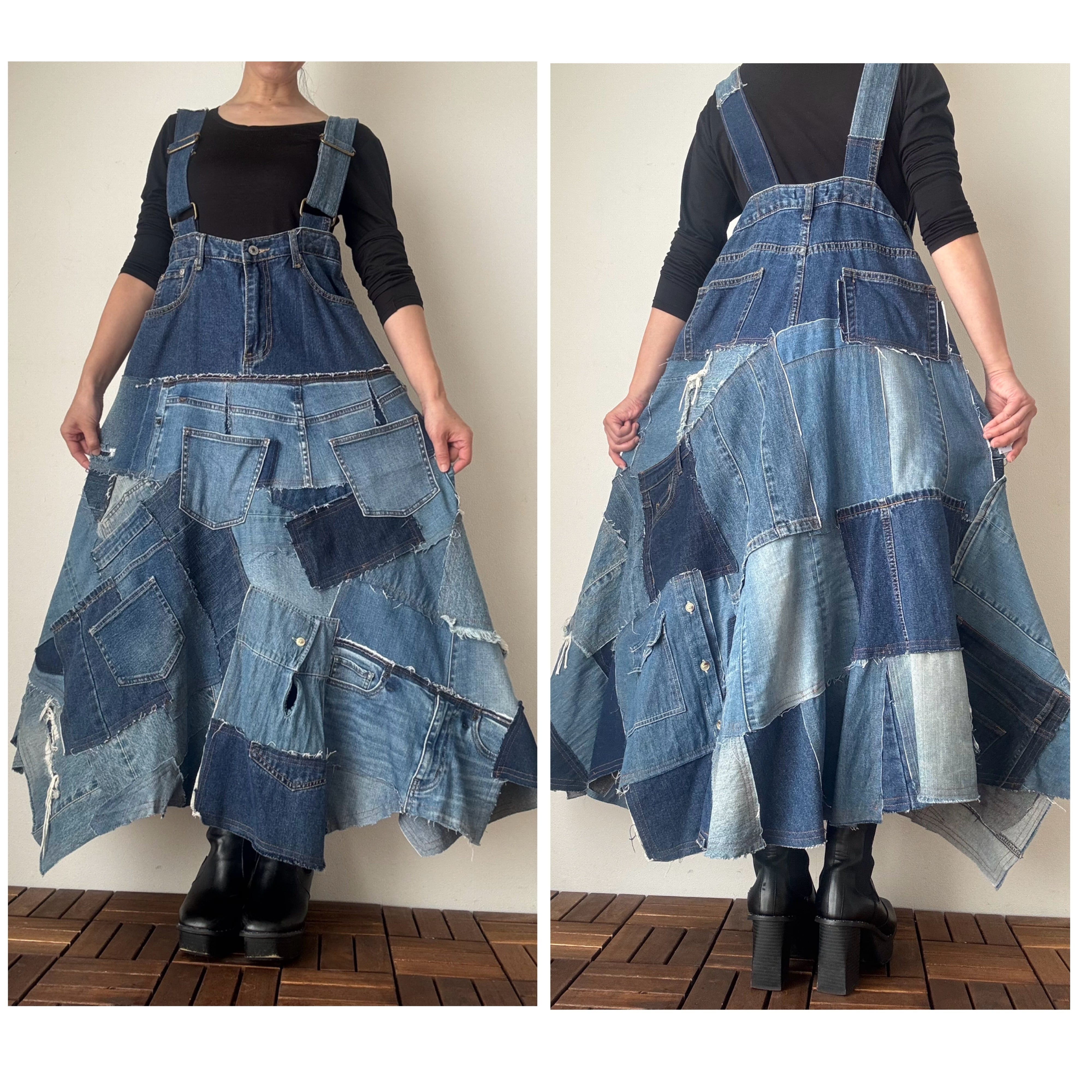 No.025 古着デニムをアップサイクル リメイクデニムジャンパースカート