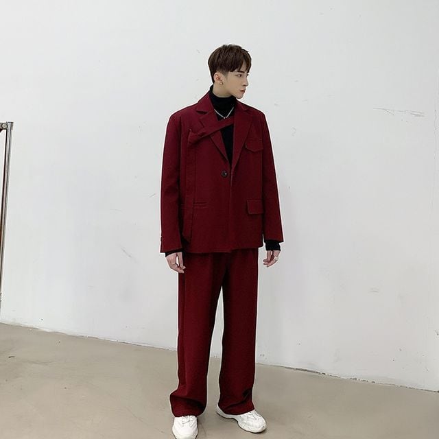 予約販売】メンズ スーツ 無地 ワイドパンツ レッド ジャケット パンツ