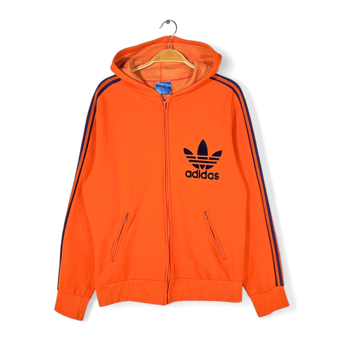 70s アディダス フランス製 VENTEX ヴィンテージトラックジャケット ジャージ デカロゴ オレンジ ネイビー adidas サイズL相当 古着 @CK0237