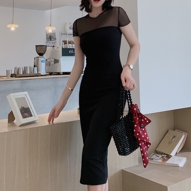 ドレス レディース 春夏 秋冬 春 夏 秋 冬 黒 タイトドレス 半袖 シースルー ドレスワンピース ミディアムドレス ミモレドレス ロング ひざ丈 ワンピース ブラック ワンピースドレス Ol オフィスカジュアル 結婚式 パーティー お呼ばれ シンプル 10代 代 30代 40代 C