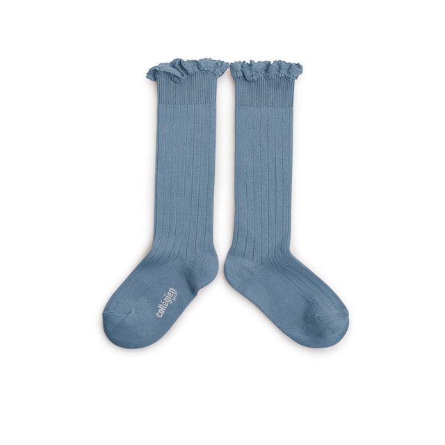 Collegien / Joséphine Lace-Trim Ribbed Knee-high Socks - Bleu Azur