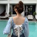 エロカワ バックコンシャス セクシー ガーリー トップス レディース シャツ ブラウス 長袖 ブルー ブラック 青 黒 バックリボン 袖コンシャス フリル エレガント スリムフィット デコルテ 無地 レトロ シック シンプル Cute おしゃれ 男ウケ デート服 モテ 韓国ファッション 通販 2020 春 夏 秋