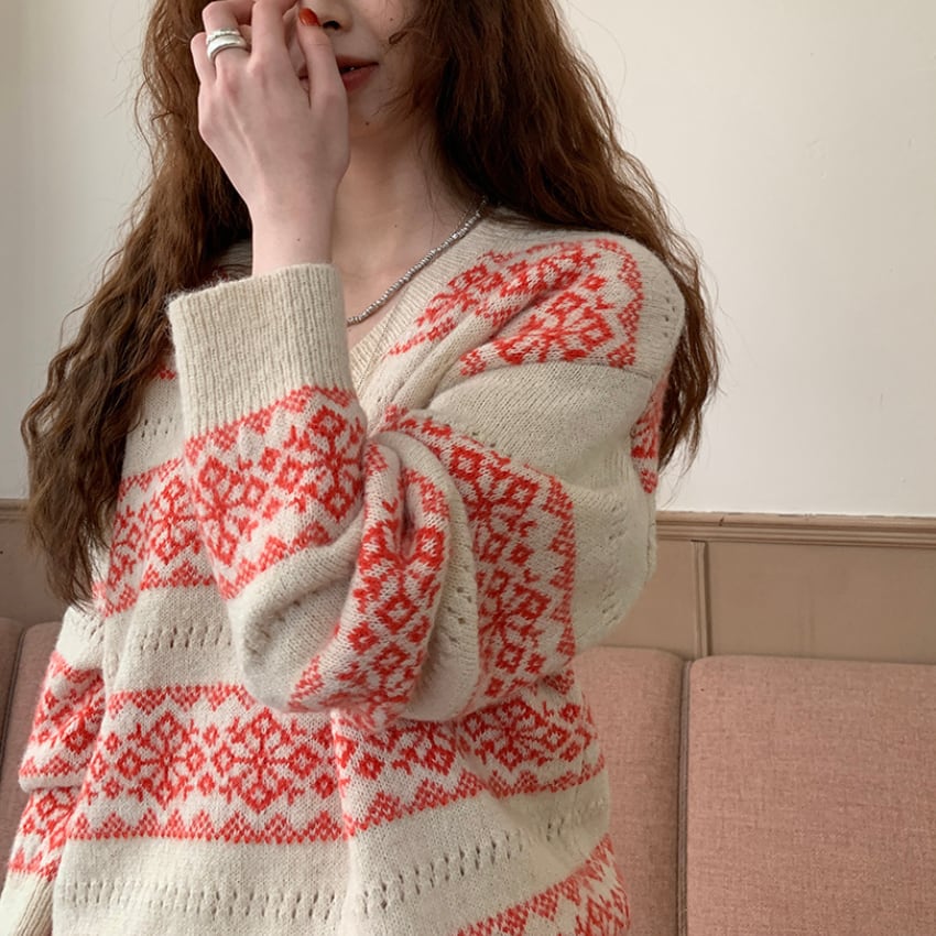 v-neck all-over pattern knit pullover　J00293