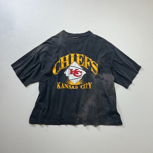 90s フェード　シングルステッチ　ダメージ　フットボール　カンザスシティチーフ　Tシャツ　ブラック　　 古着