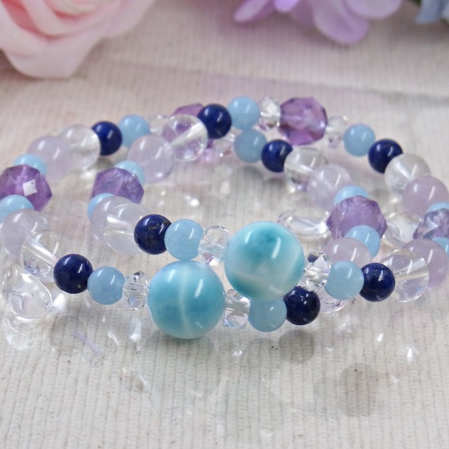 【★15％OFF★今月のお得品】大粒 ラリマー ラピスラズリ ヒマラヤ水晶 アクアマリン アメジスト 天然石ブレスレットI34