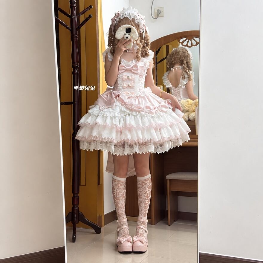 ロリータファッション 甘ロリ 青・赤・桃 リボン多段フリルJSK3点