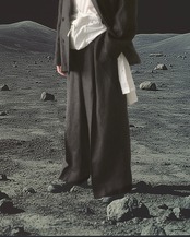 i’m here - Linen Wide Pants ：Black｜3種リネン切替／ワイド／“だまし絵”前立て