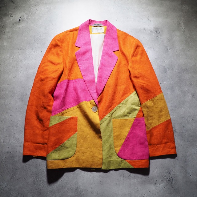 1990s ” International scene ” mulch color panel Switching vintage loose linen jacket