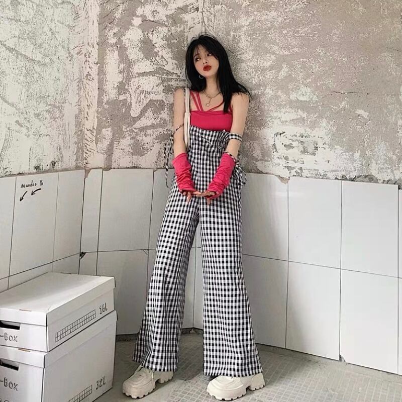 洋風ファッションスーツレディースサマーハンギングネックデザインセンスブラウス2020新チェック柄ビブツーピーススーツ ブラックストロベリース74901111610