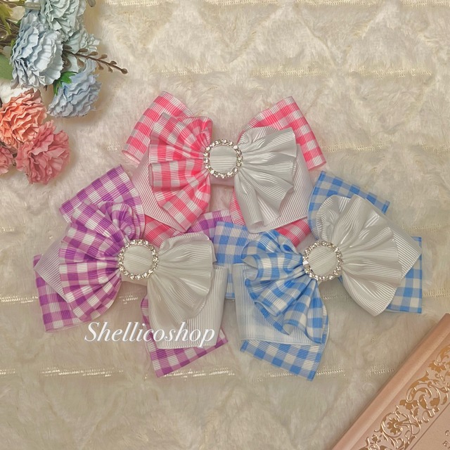 【ギンガムチェックリボン purple×white】ボリュームたっぷりリボンチョーカー