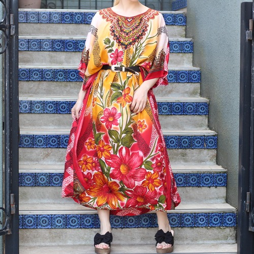 USA VINTAGE FLOWER PATTERNED KAFTAN DRESS ONE PIECE/アメリカ古着お花柄カフタンドレスワンピース