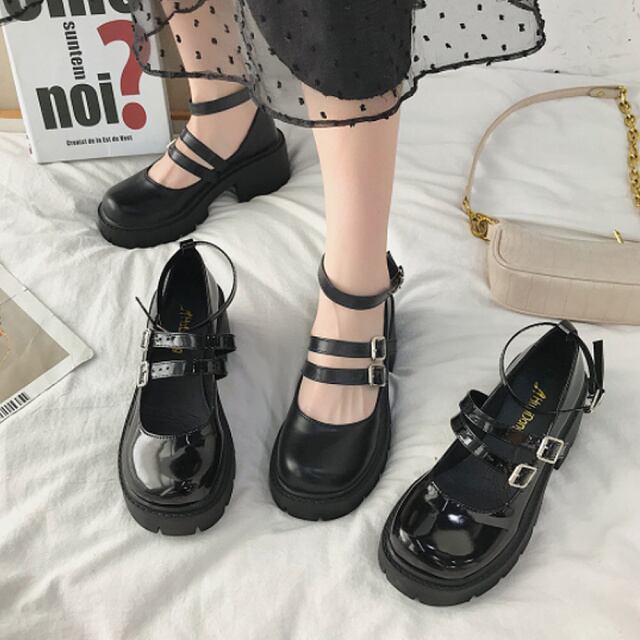 日本メーカー新品 厚底ストラップシューズ シンプル メイド靴 小さいサイズ コスプレ マットタイプ