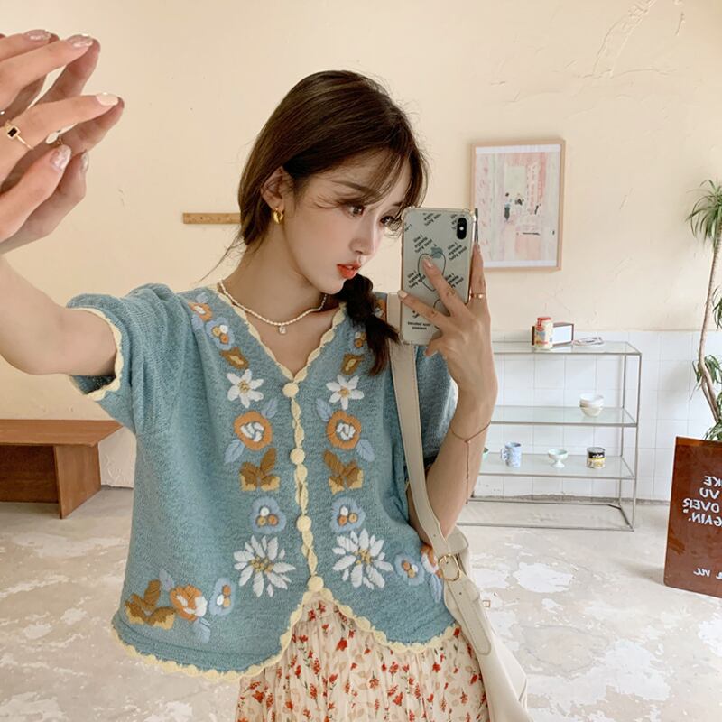 ショートスリーブニットカーディガンサマー薄手Vネックトップス 夏物 シルク 試着室25099351161