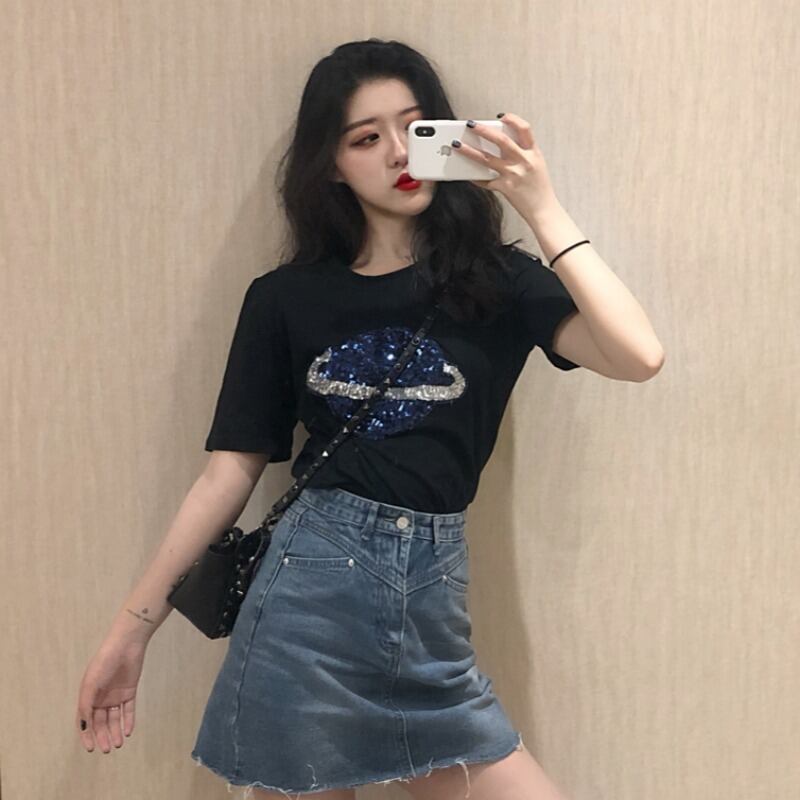 ルーズラウンドネック半袖スリーブTシャツ レディーススプリングオータムスパンコールトップス ショート ハーフスリーブ 春物 秋物 Oネック YY-ファッション82272410435