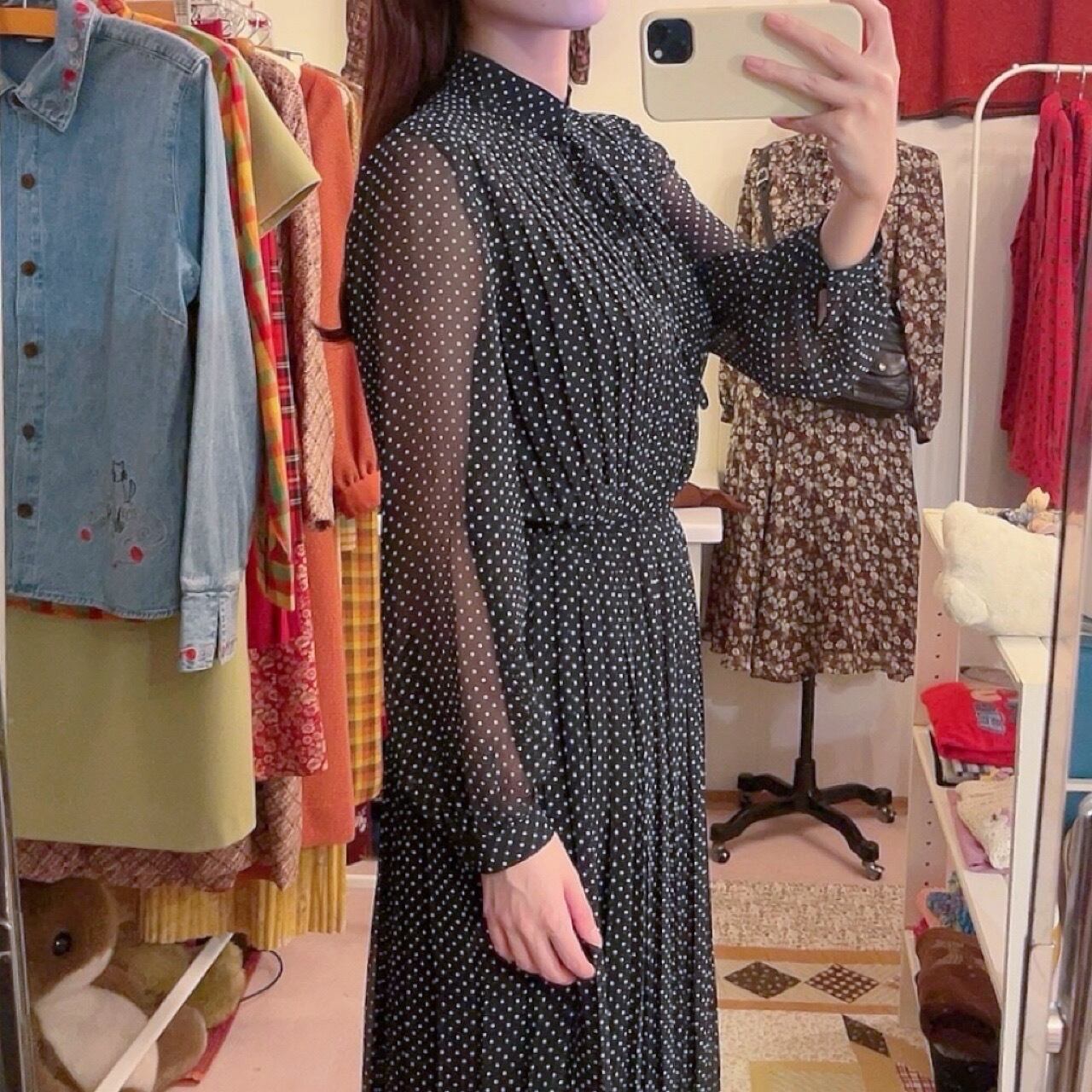 white dot pleats sheer one-piece