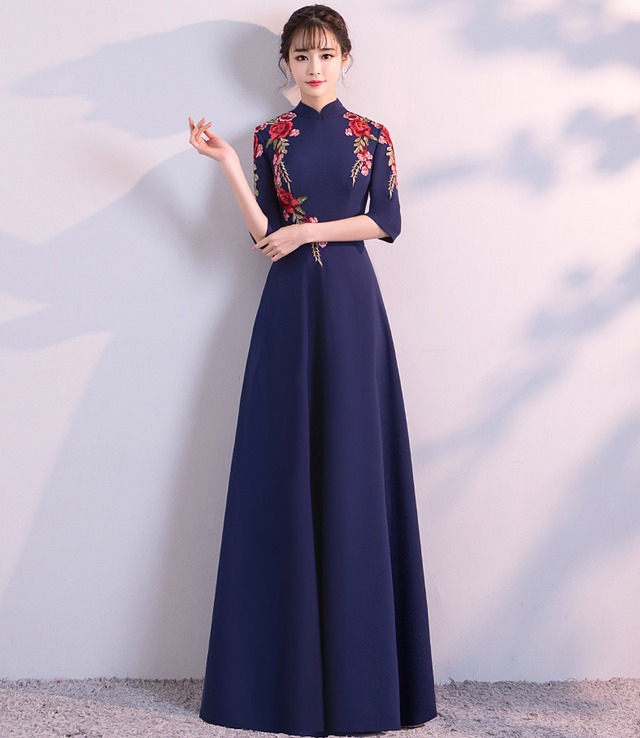 チャイナドレス 花柄 半袖 シルク素材 ロッグ丈 チャイナ服 ロッグ丈 