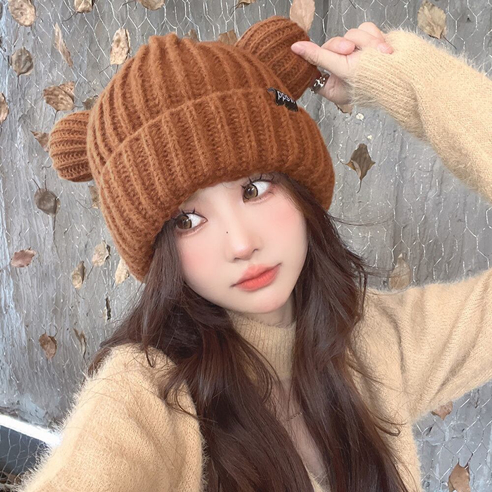 クマミミ ニット帽 レディース 秋冬 韓国 帽子 熊耳 防寒 保温 大人