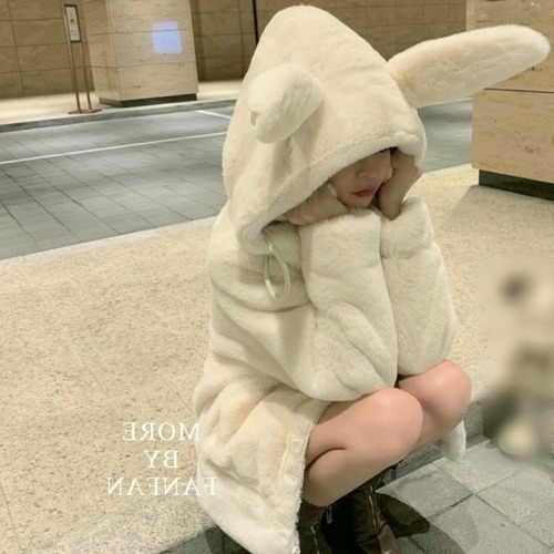 うさぎ耳 フード ファーコート オーバーサイズ 2color